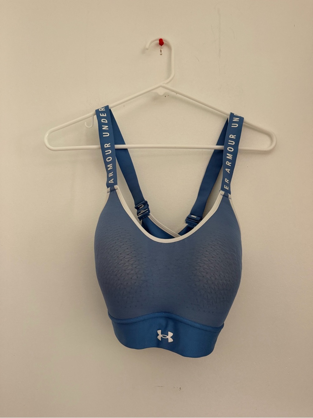 Under Armour HeatGear Blue Wordmark Logo Strappy Sports Bra Size Large LG